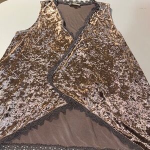 Listicle Velvet‎ Rose Gold Cardigan Vest with Gray Lace Trim & Pockets